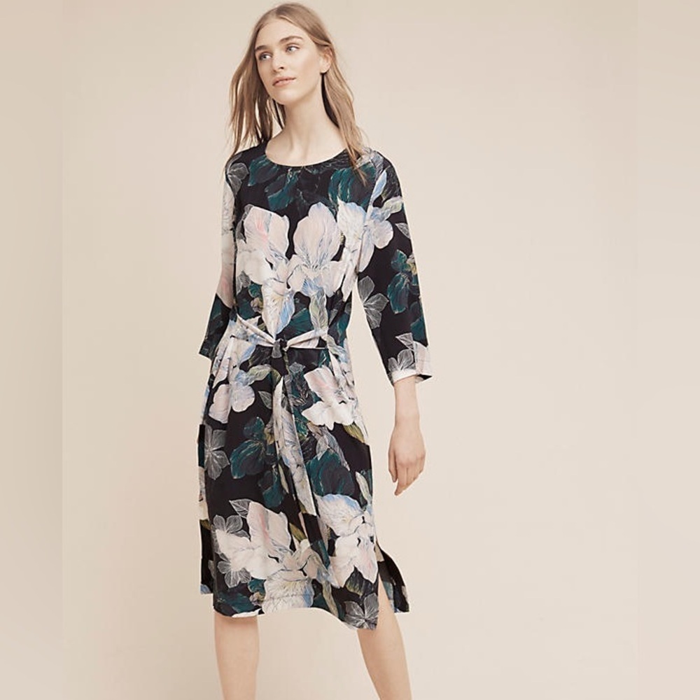 Anthropologie Black Floral Tie-Waist Midi Dress